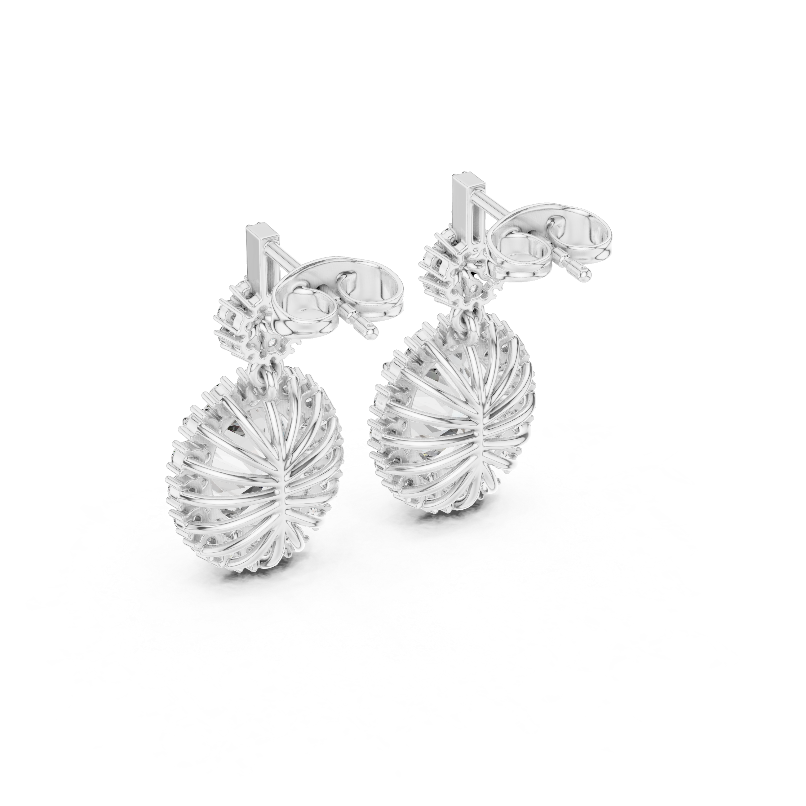 Oval Cut Diamond Halo Floral Cluster Drop Earrings with Pavé Link