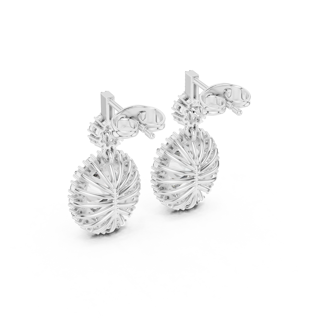 Oval Cut Diamond Halo Floral Cluster Drop Earrings with Pavé Link