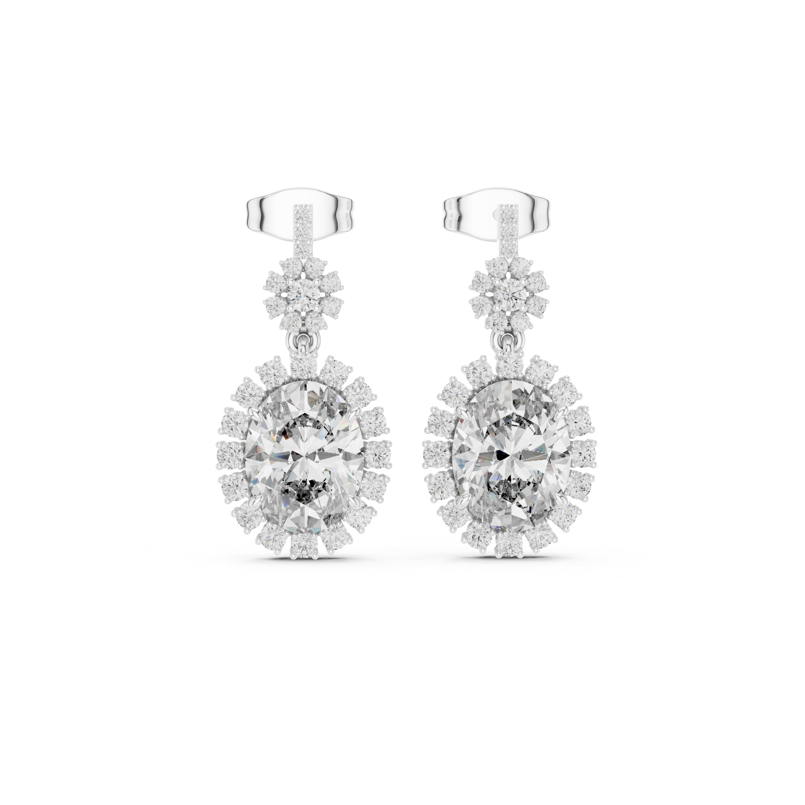 Oval Cut Diamond Halo Floral Cluster Drop Earrings with Pavé Link