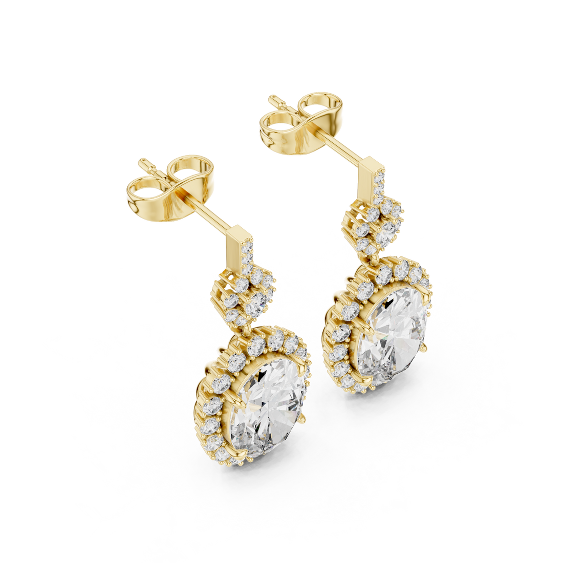 Oval Cut Diamond Halo Floral Cluster Drop Earrings with Pavé Link