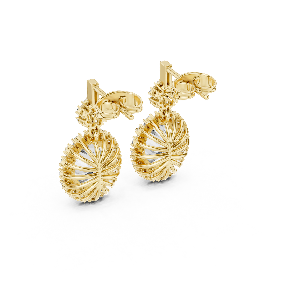 Oval Cut Diamond Halo Floral Cluster Drop Earrings with Pavé Link