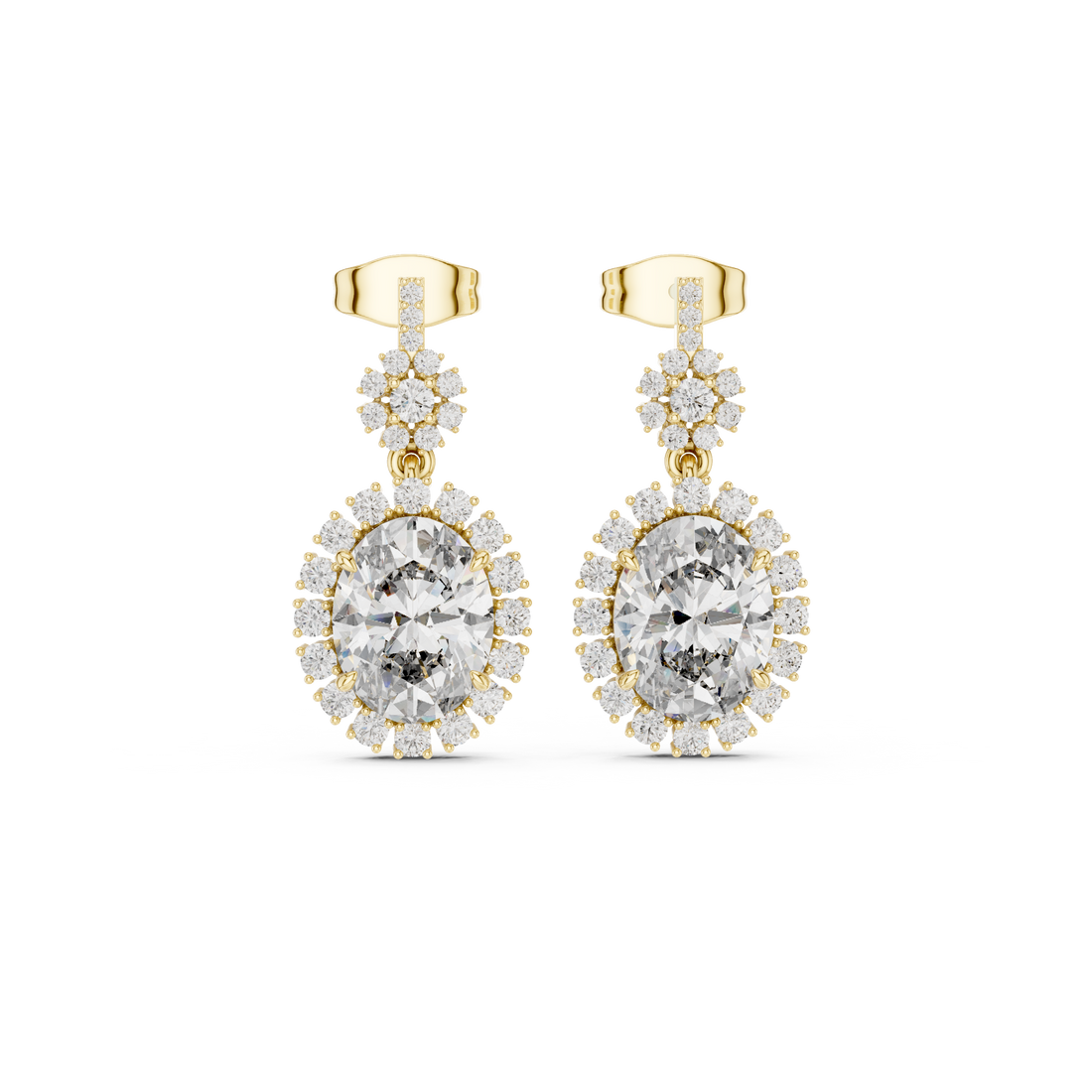 Oval Cut Diamond Halo Floral Cluster Drop Earrings with Pavé Link