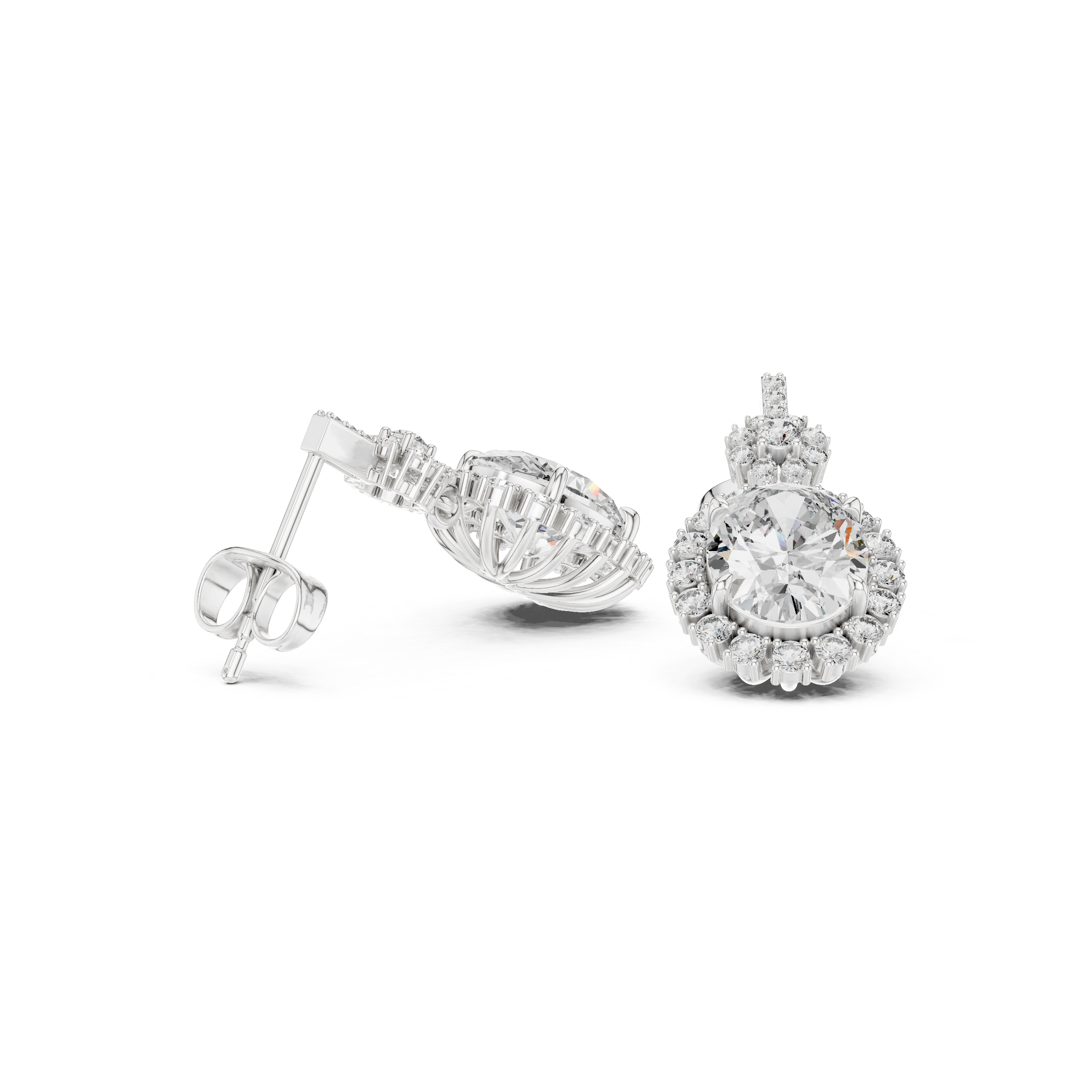 Oval Cut Diamond Halo Floral Cluster Drop Earrings with Pavé Link
