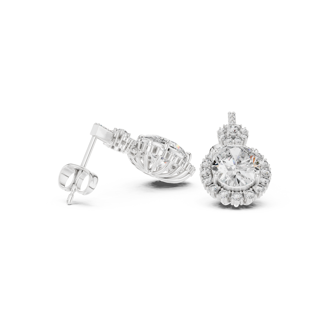 Oval Cut Diamond Halo Floral Cluster Drop Earrings with Pavé Link