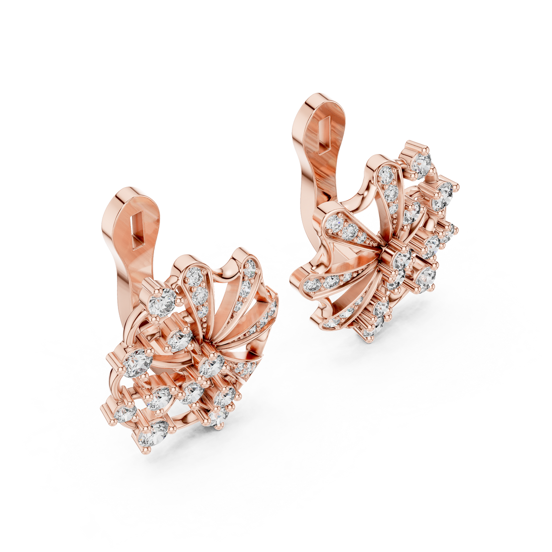 Round Cut Diamond Radiant Fan Motif Stud Earrings with Pavé Accents