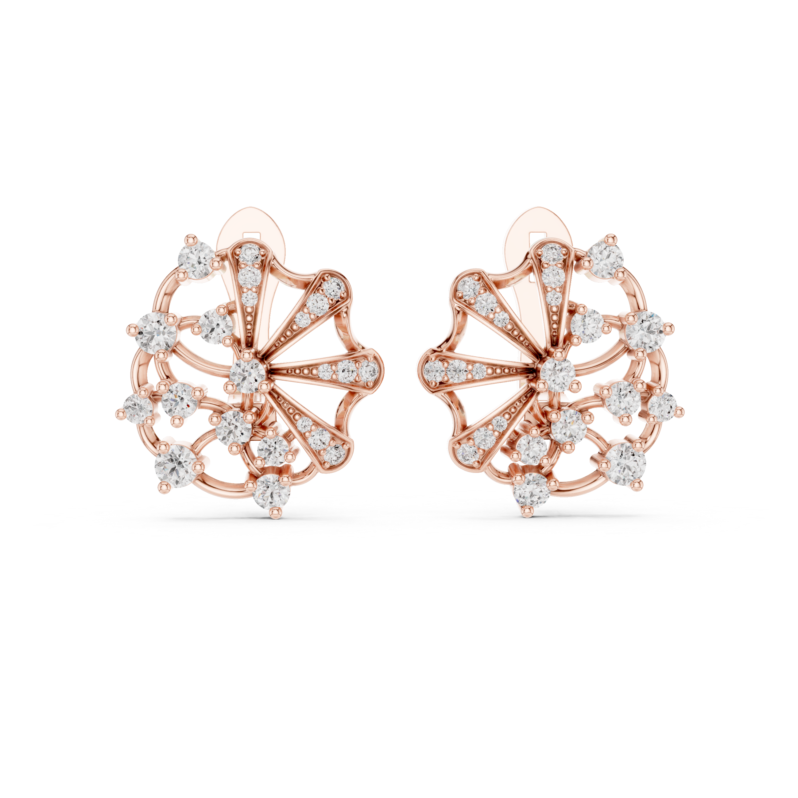 Round Cut Diamond Radiant Fan Motif Stud Earrings with Pavé Accents
