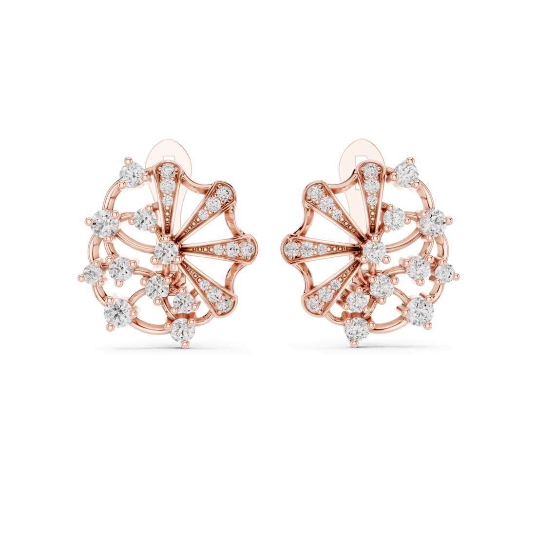 Round Cut Diamond Radiant Fan Motif Stud Earrings with Pavé Accents