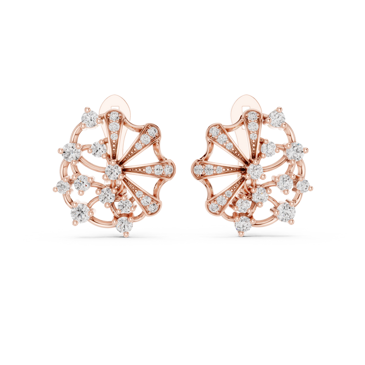 Round Cut Diamond Radiant Fan Motif Stud Earrings with Pavé Accents