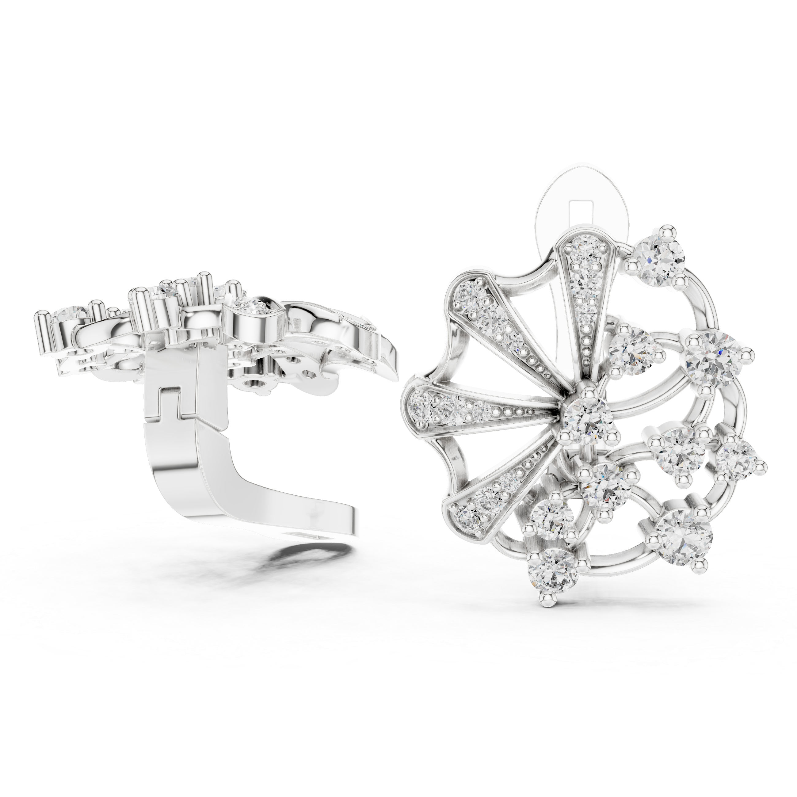 Round Cut Diamond Radiant Fan Motif Stud Earrings with Pavé Accents