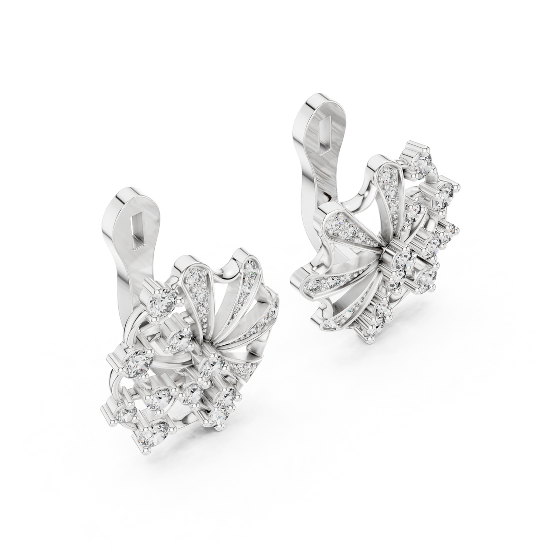 Round Cut Diamond Radiant Fan Motif Stud Earrings with Pavé Accents