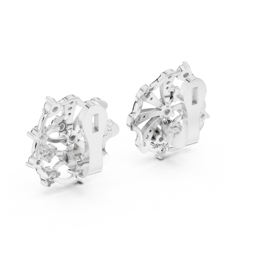 Round Cut Diamond Radiant Fan Motif Stud Earrings with Pavé Accents