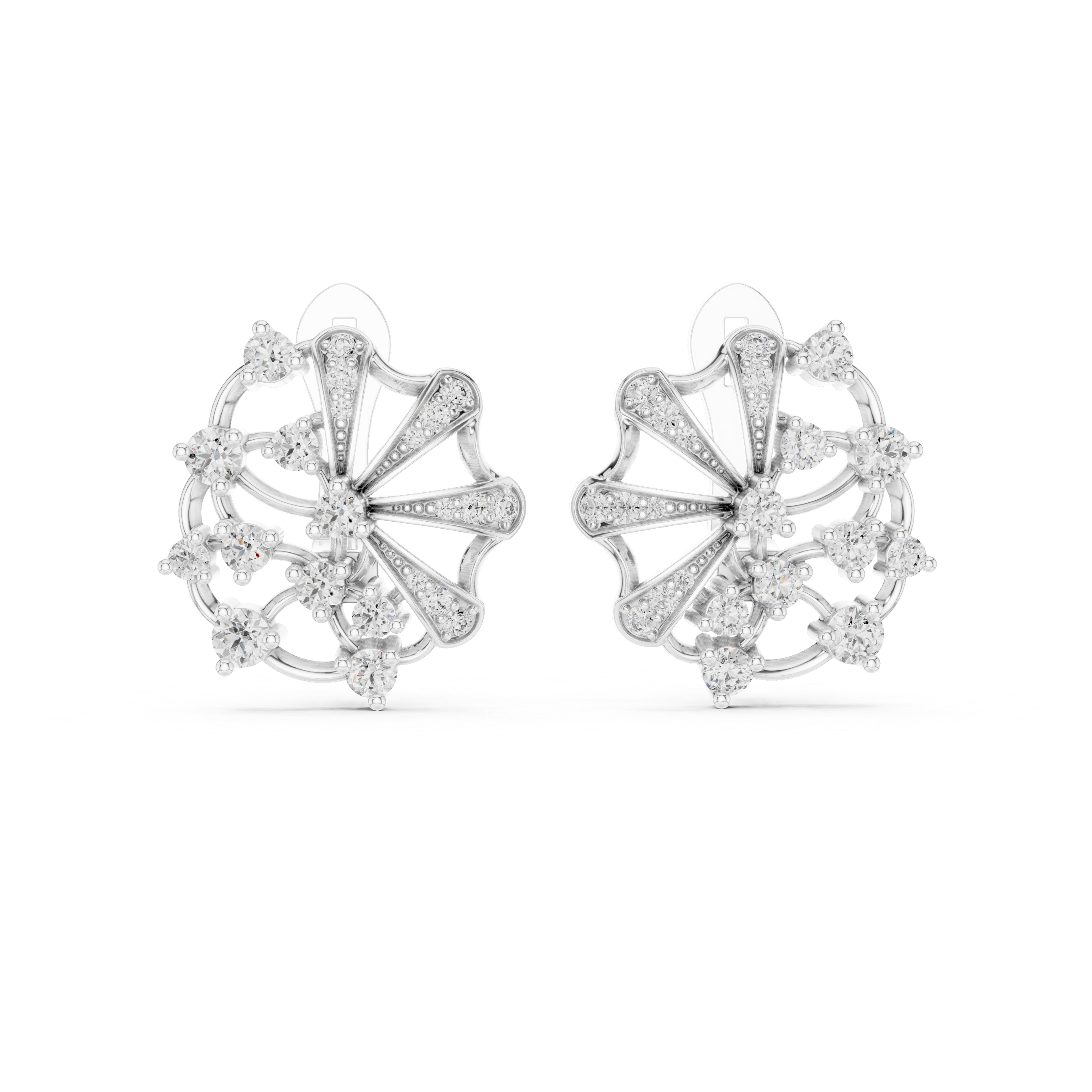 Round Cut Diamond Radiant Fan Motif Stud Earrings with Pavé Accents