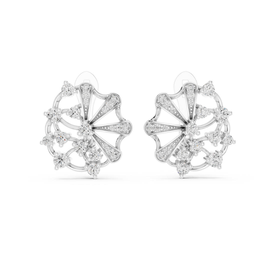 Round Cut Diamond Radiant Fan Motif Stud Earrings with Pavé Accents