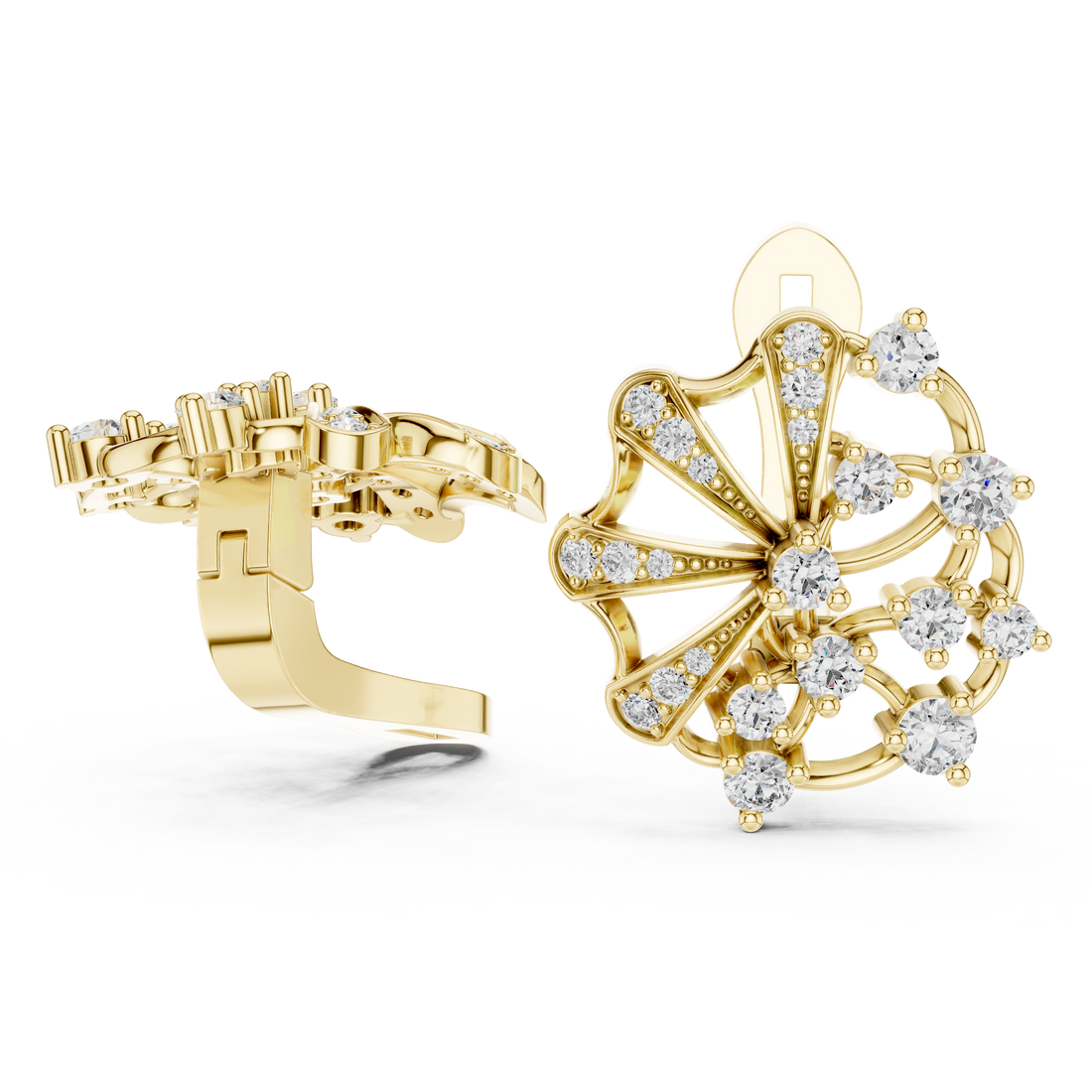 Round Cut Diamond Radiant Fan Motif Stud Earrings with Pavé Accents