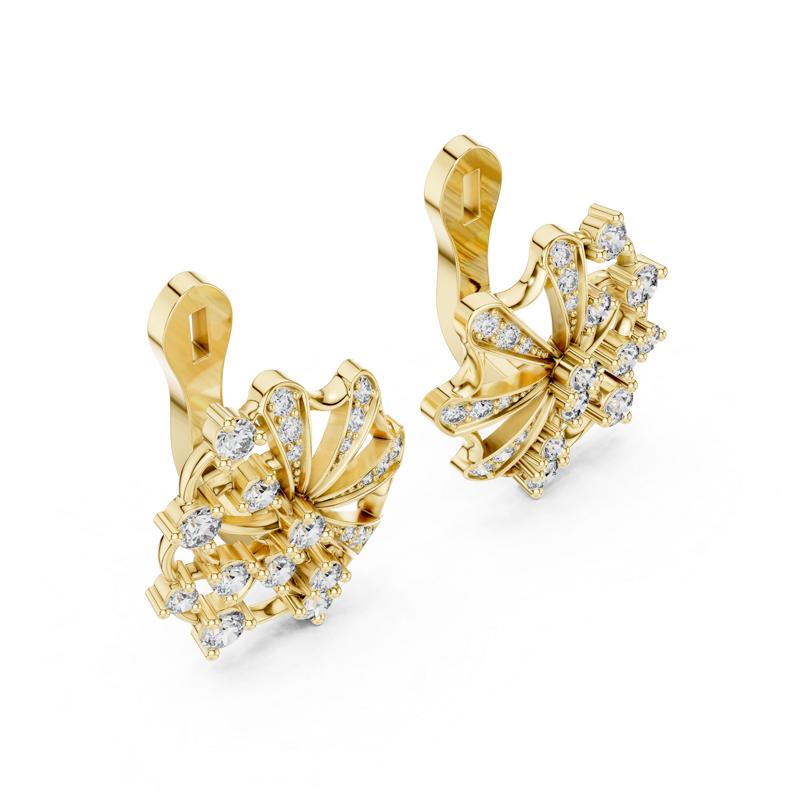 Round Cut Diamond Radiant Fan Motif Stud Earrings with Pavé Accents