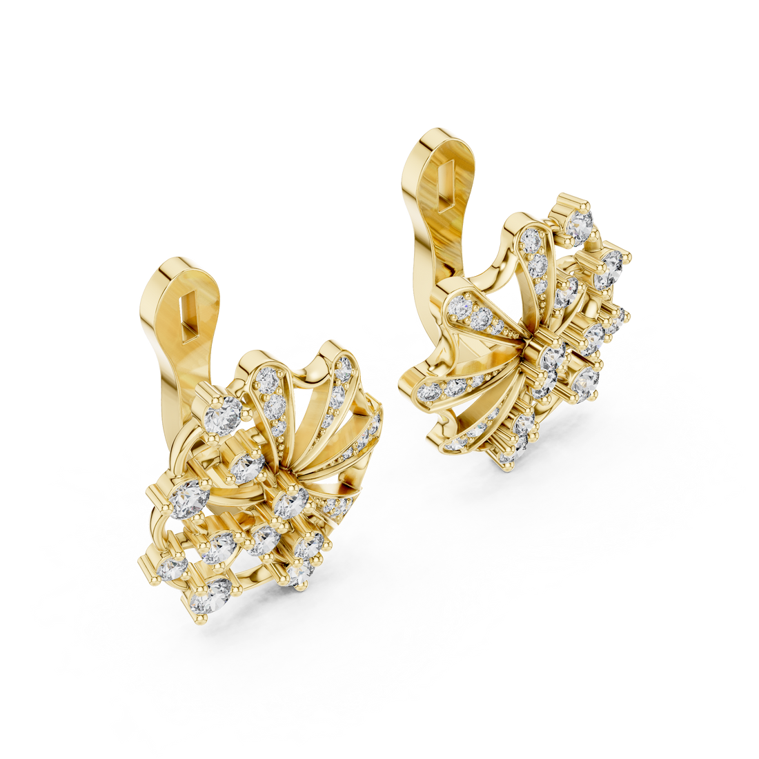 Round Cut Diamond Radiant Fan Motif Stud Earrings with Pavé Accents