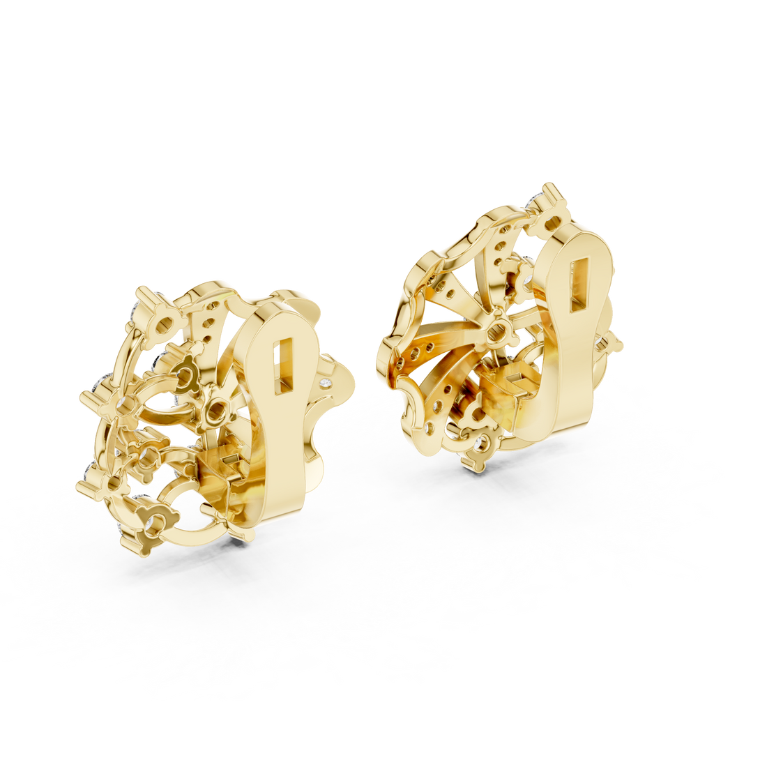 Round Cut Diamond Radiant Fan Motif Stud Earrings with Pavé Accents