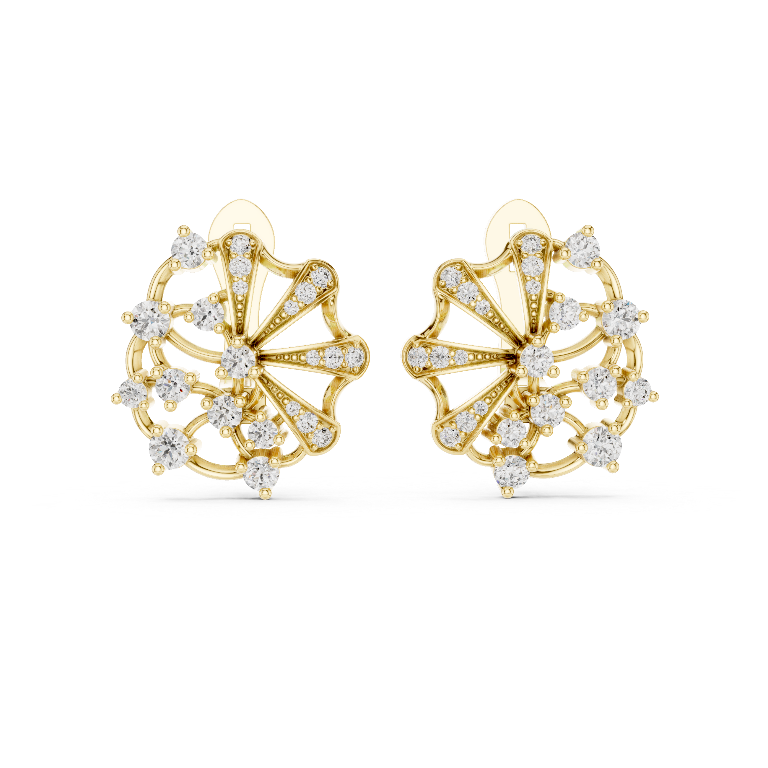 Round Cut Diamond Radiant Fan Motif Stud Earrings with Pavé Accents