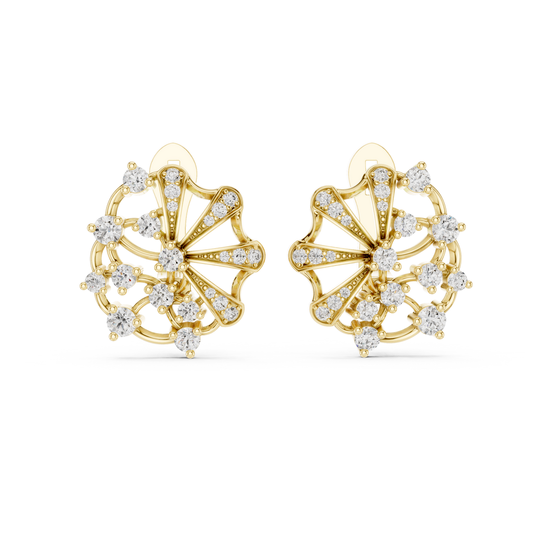 Round Cut Diamond Radiant Fan Motif Stud Earrings with Pavé Accents