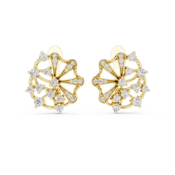Round Cut Diamond Radiant Fan Motif Stud Earrings with Pavé Accents