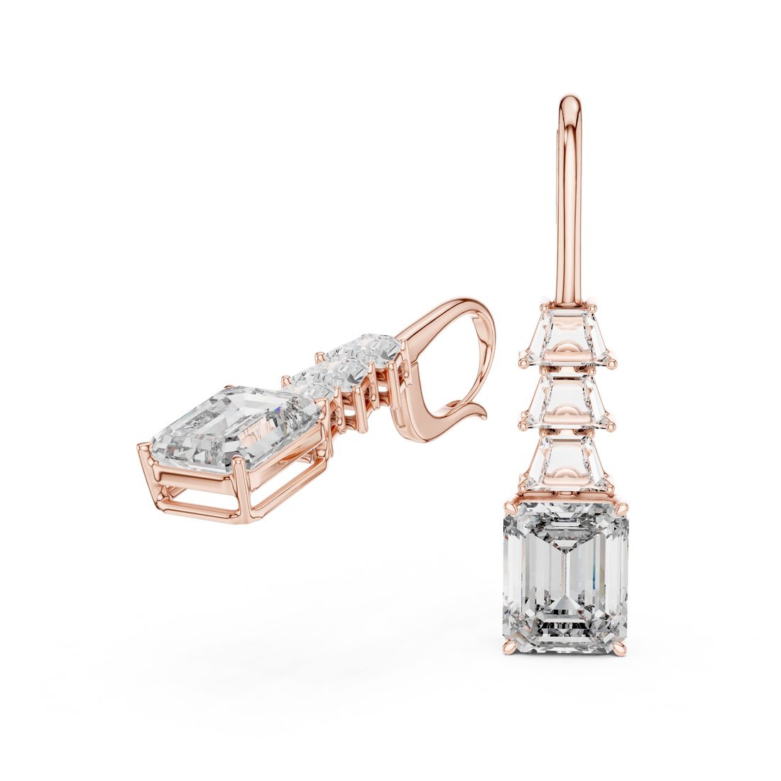 Emerald Cut Diamond Drop Earrings with Trapezoid Accents