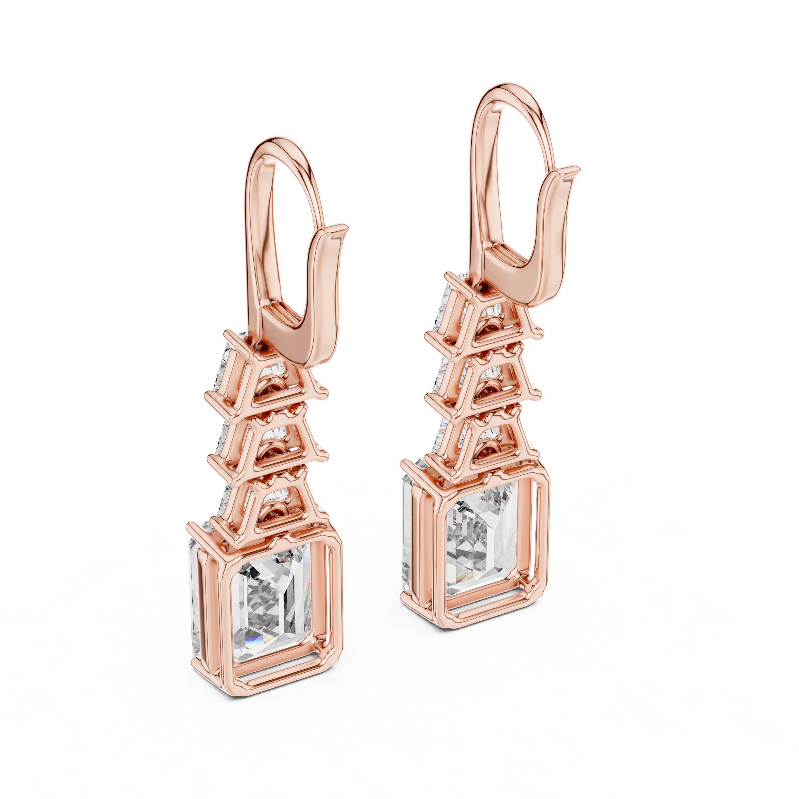 Emerald Cut Diamond Drop Earrings with Trapezoid Accents