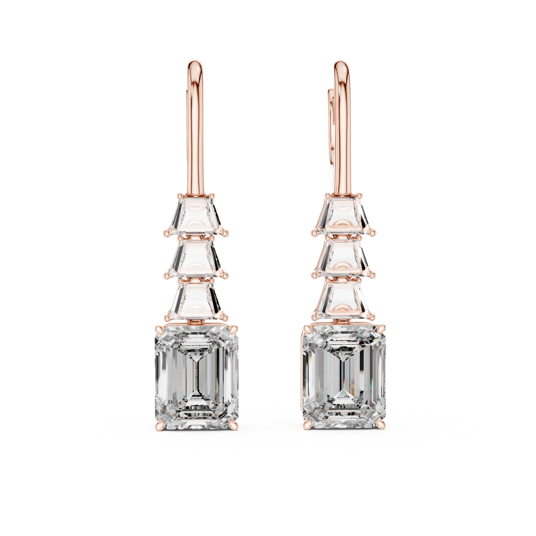 Emerald Cut Diamond Drop Earrings with Trapezoid Accents