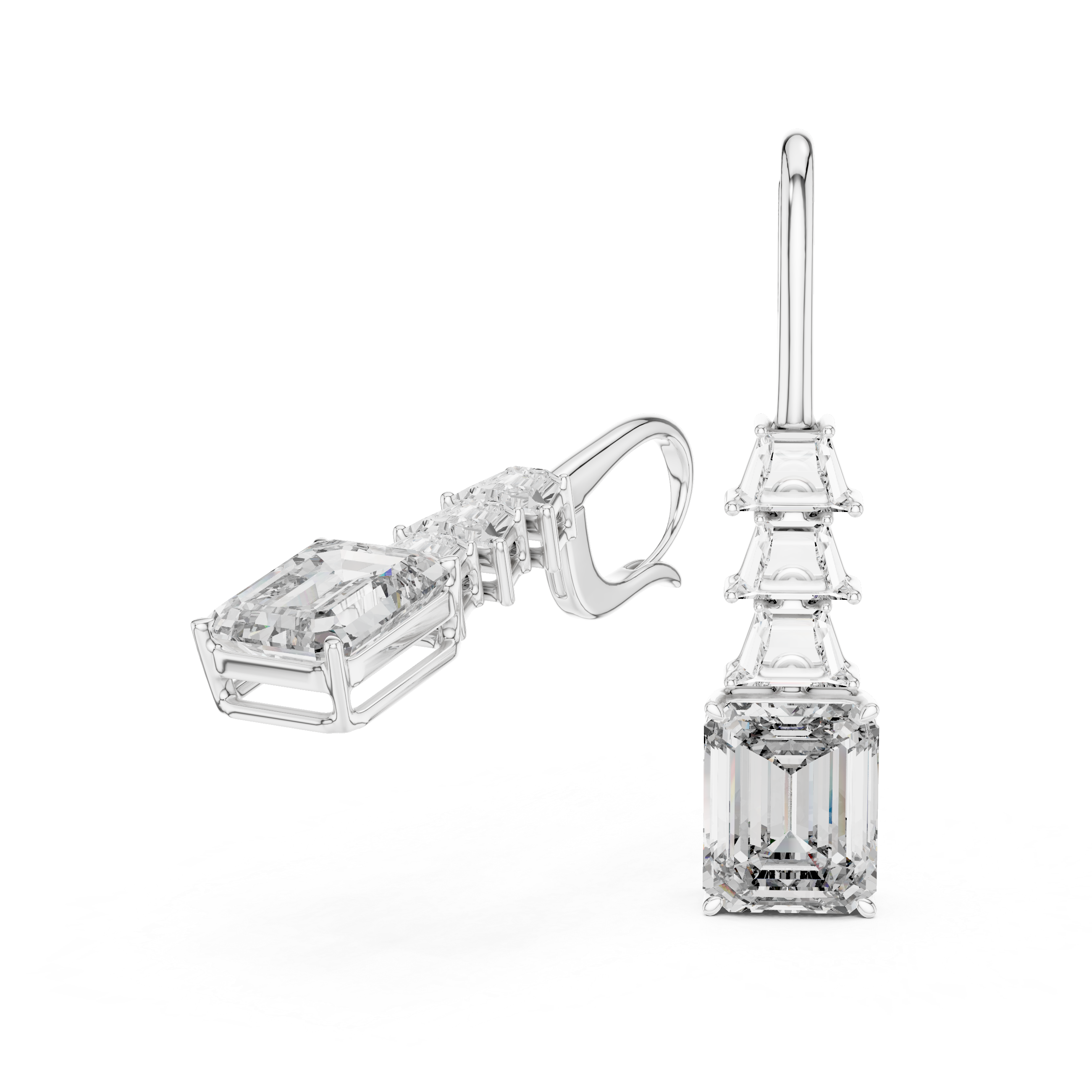 Emerald Cut Diamond Drop Earrings with Trapezoid Accents