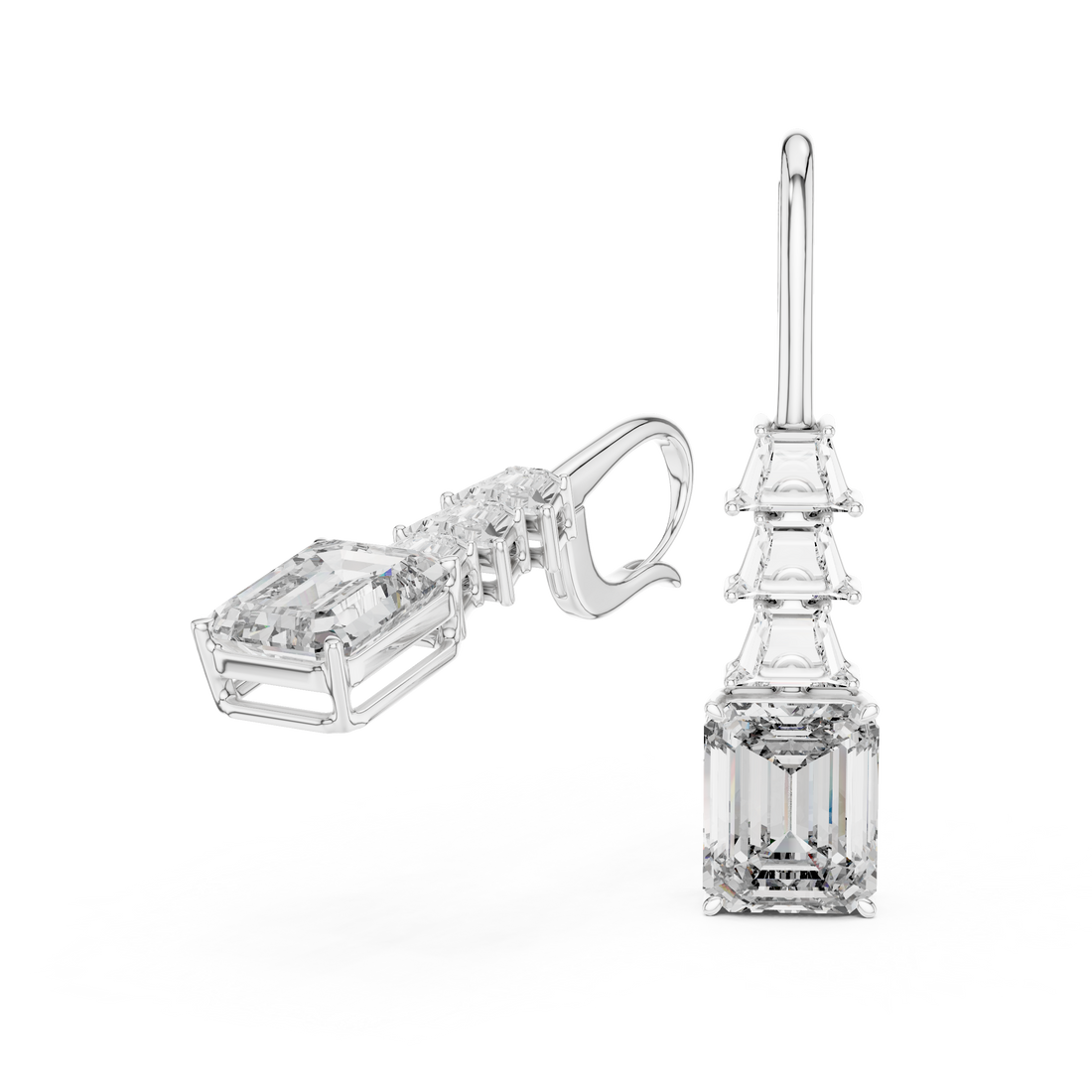 Emerald Cut Diamond Drop Earrings with Trapezoid Accents