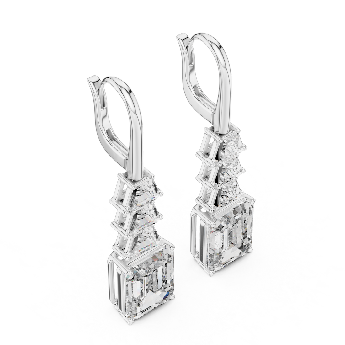 Emerald Cut Diamond Drop Earrings with Trapezoid Accents