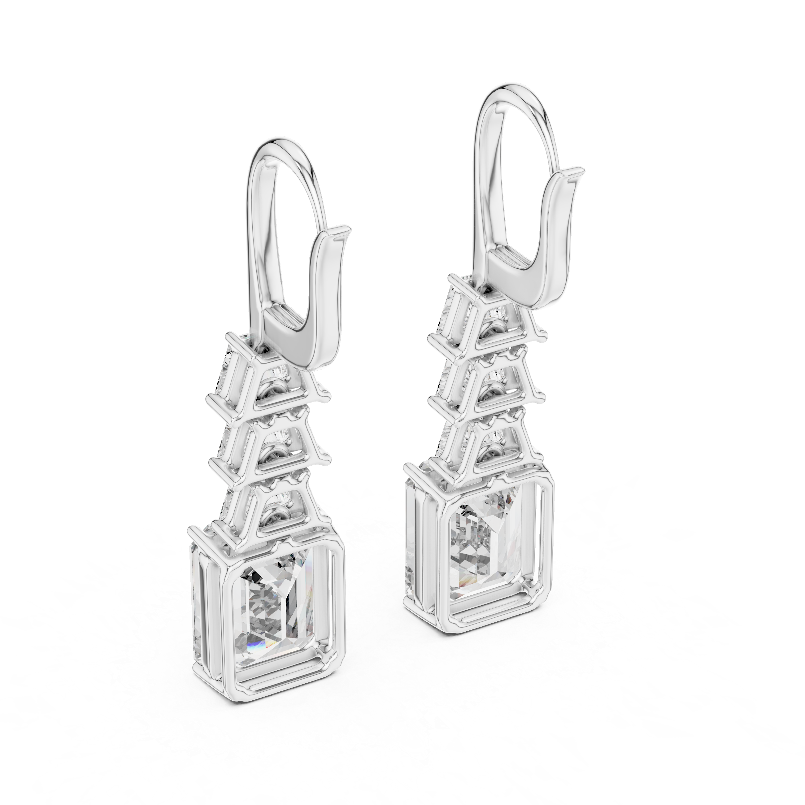 Emerald Cut Diamond Drop Earrings with Trapezoid Accents