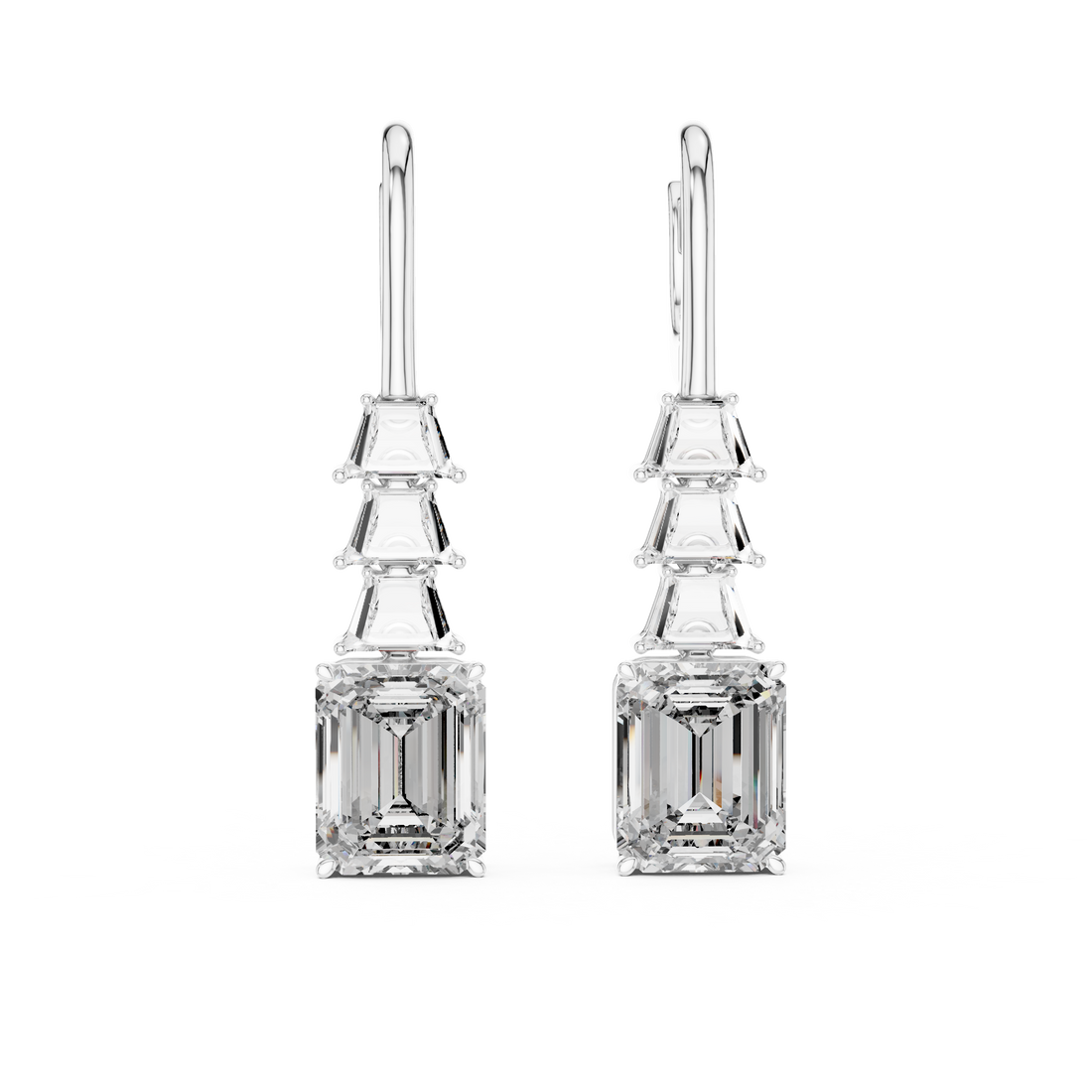Emerald Cut Diamond Drop Earrings with Trapezoid Accents