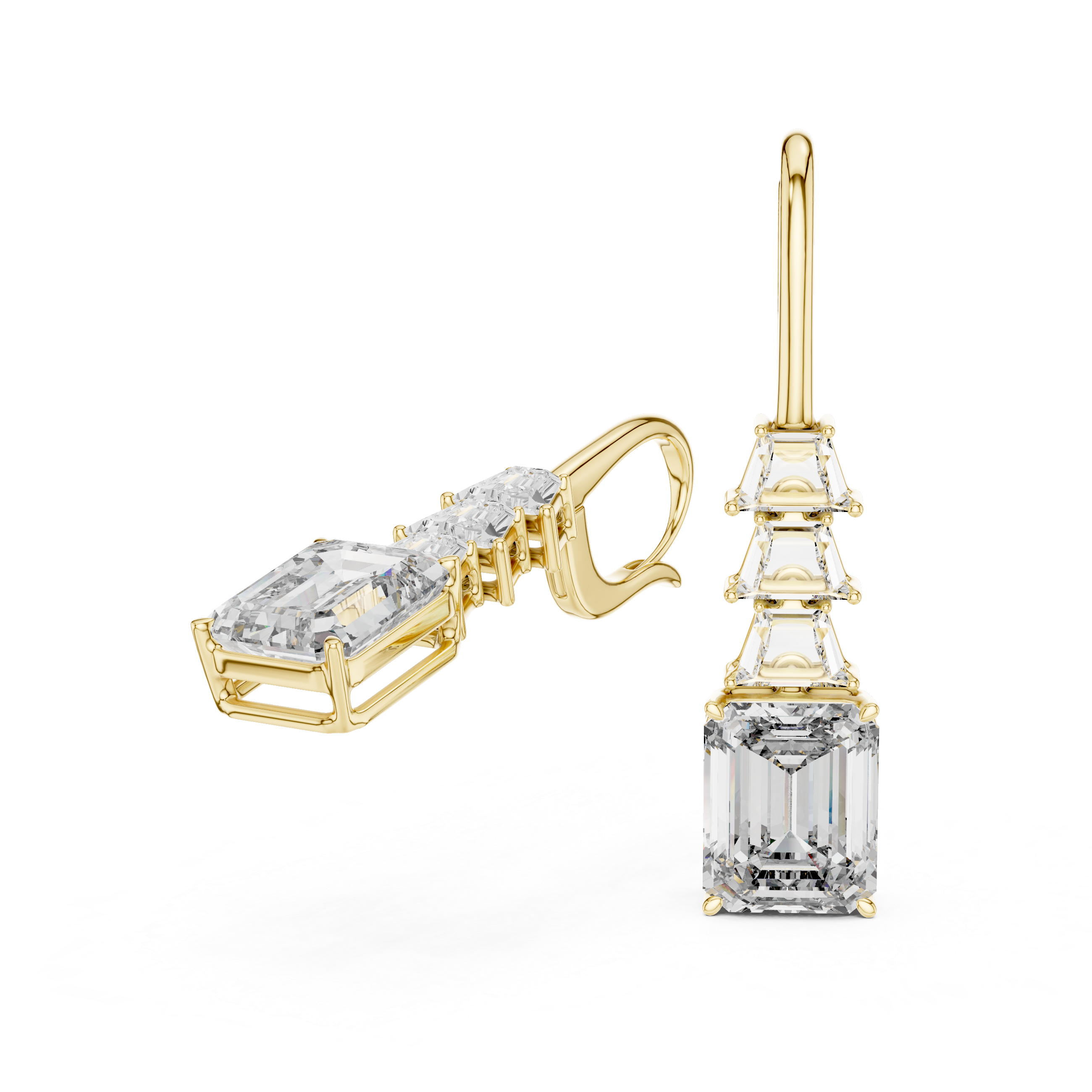 Emerald Cut Diamond Drop Earrings with Trapezoid Accents