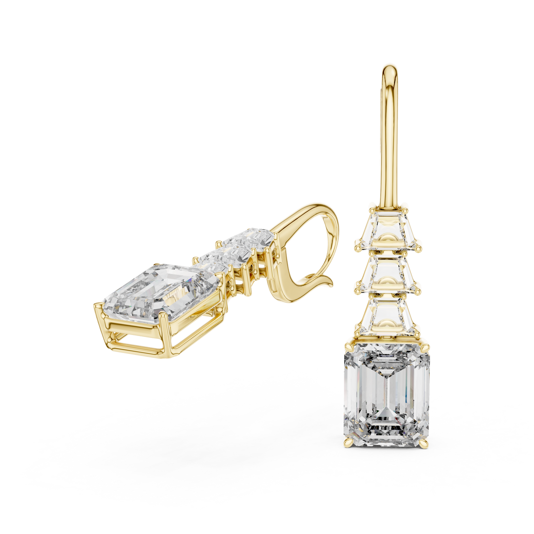 Emerald Cut Diamond Drop Earrings with Trapezoid Accents