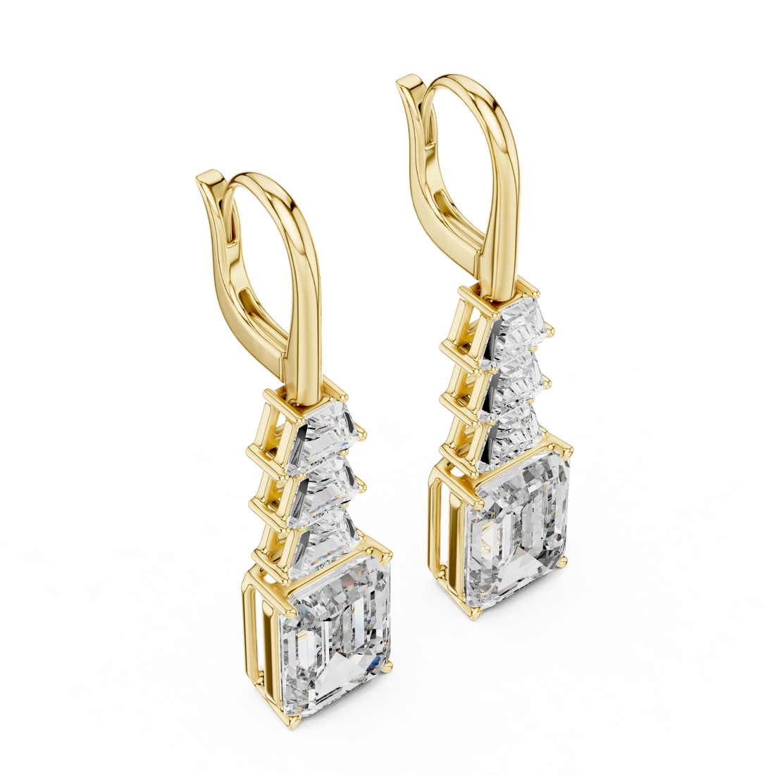 Emerald Cut Diamond Drop Earrings with Trapezoid Accents