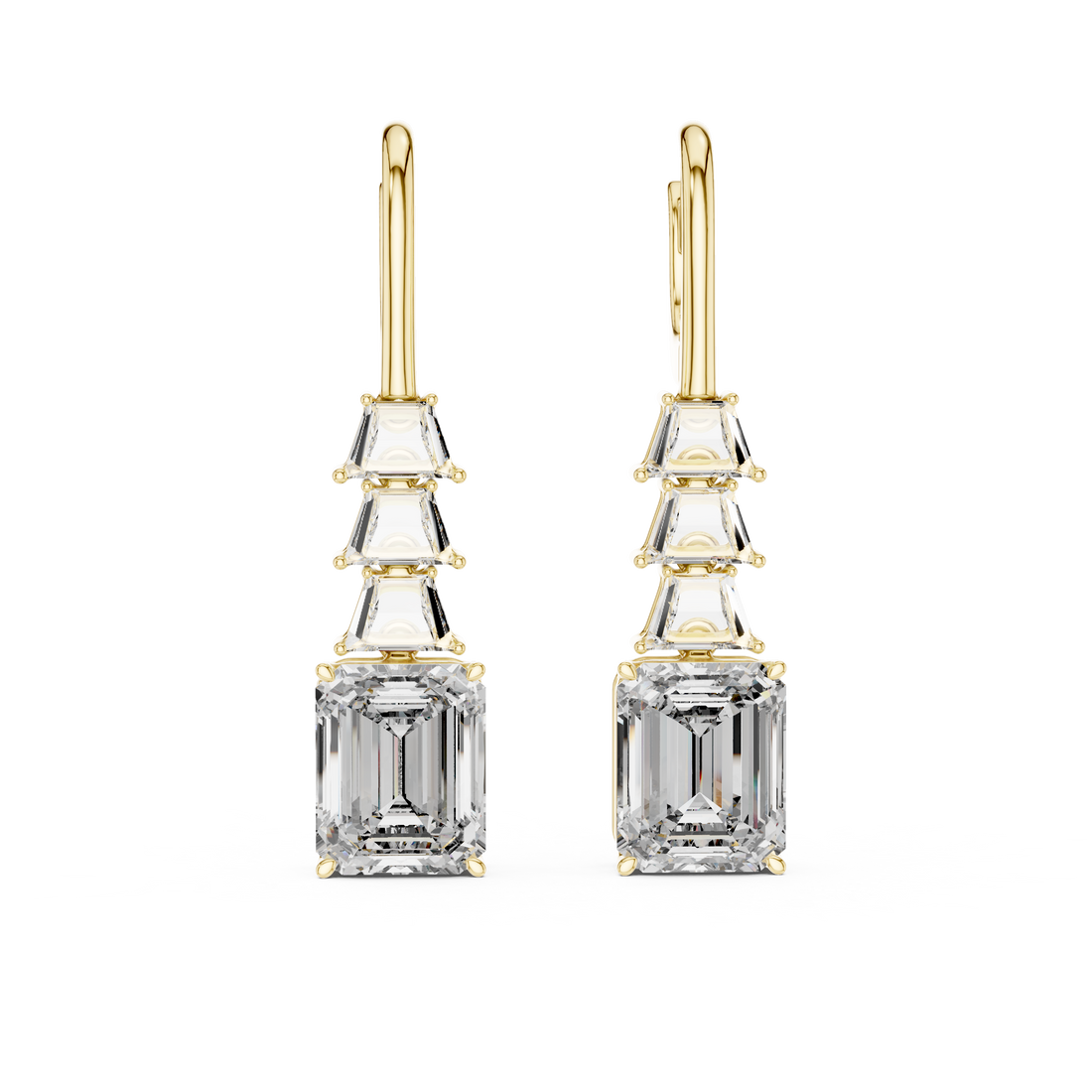 Emerald Cut Diamond Drop Earrings with Trapezoid Accents