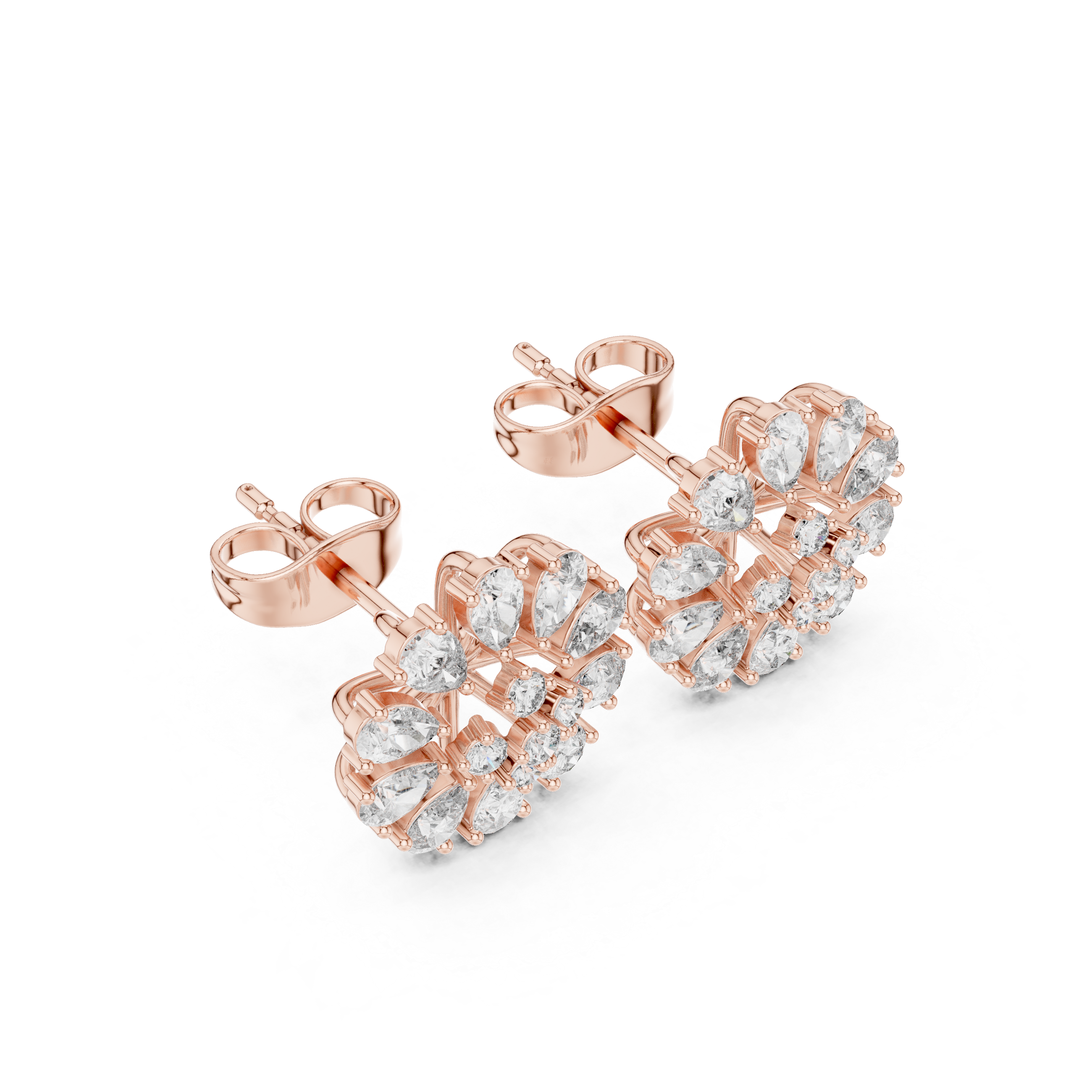 Floral cluster stud earrings with pear and round cut diamonds