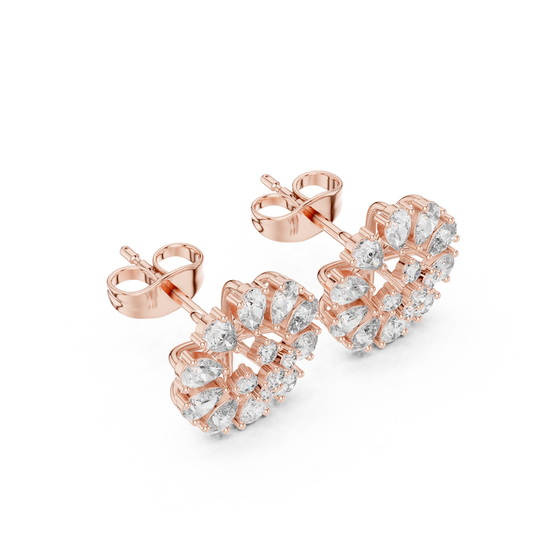 Floral cluster stud earrings with pear and round cut diamonds
