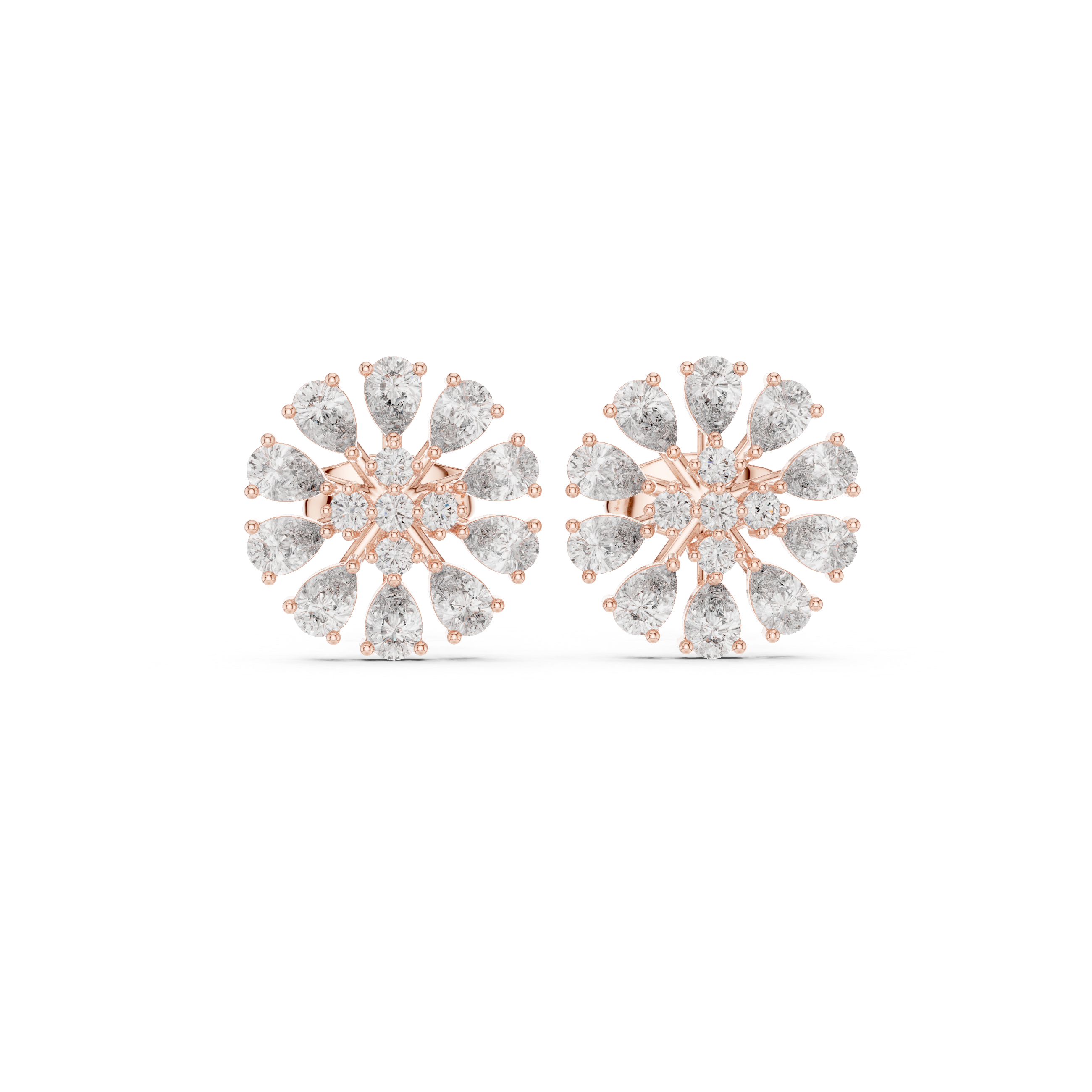 Pear and round cut diamond floral cluster stud earrings
