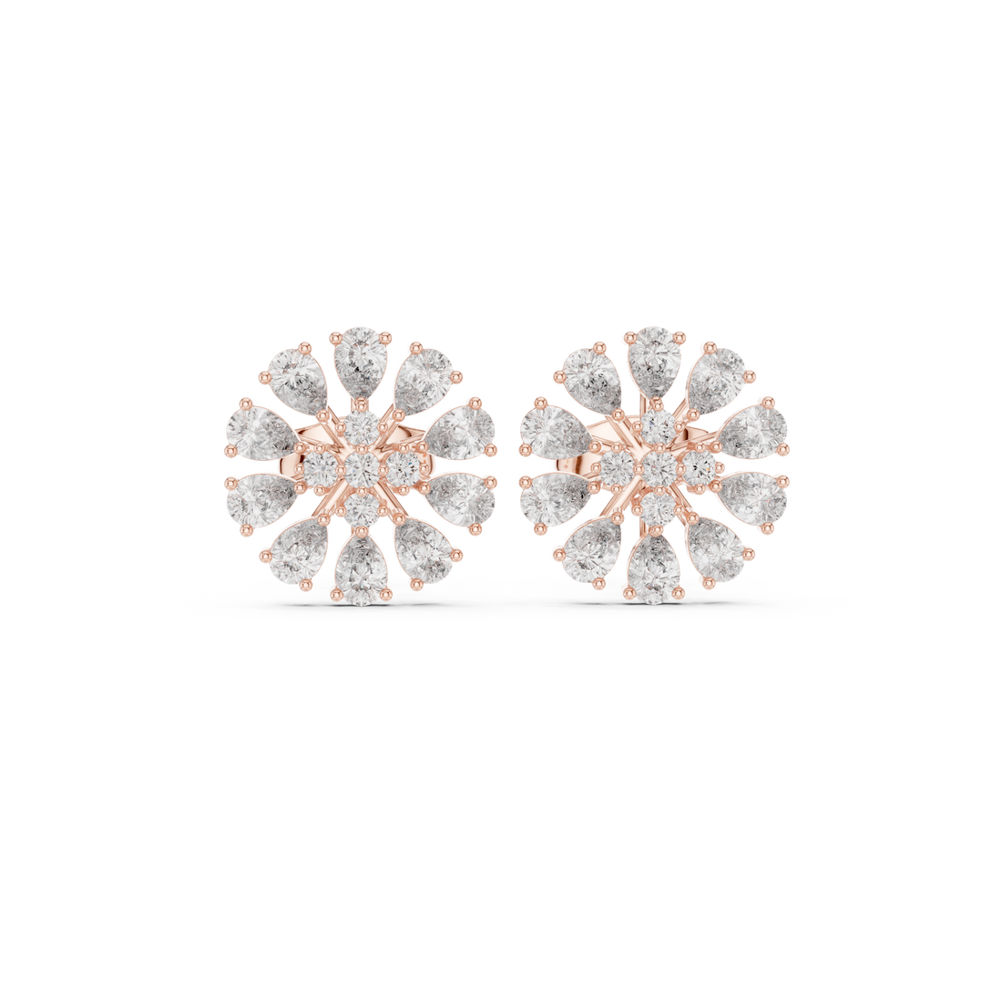 Pear and round cut diamond floral cluster stud earrings