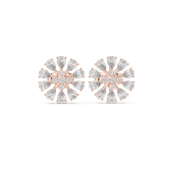 Pear and round cut diamond floral cluster stud earrings
