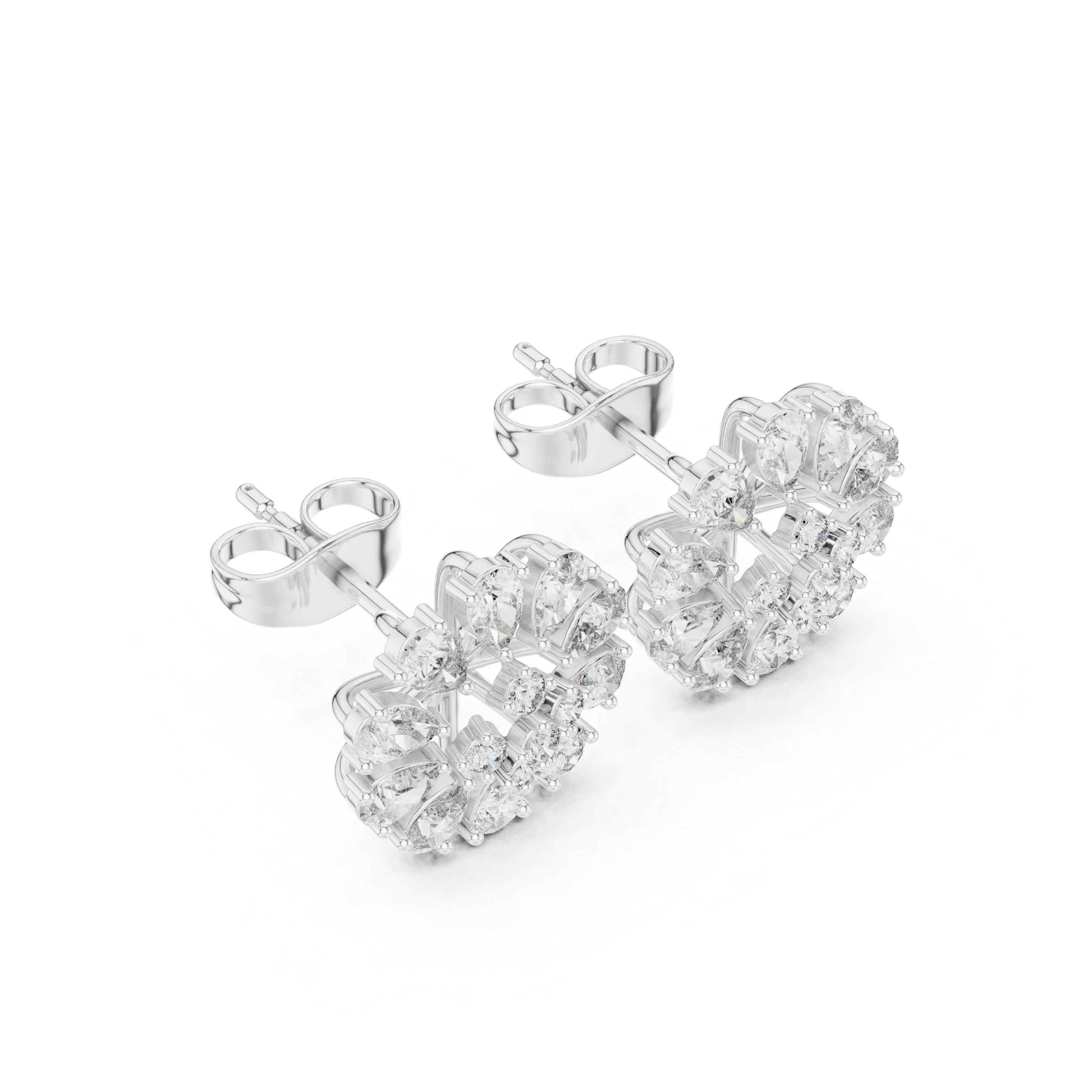 Sparkling pear and round cut diamond floral stud earrings close-up