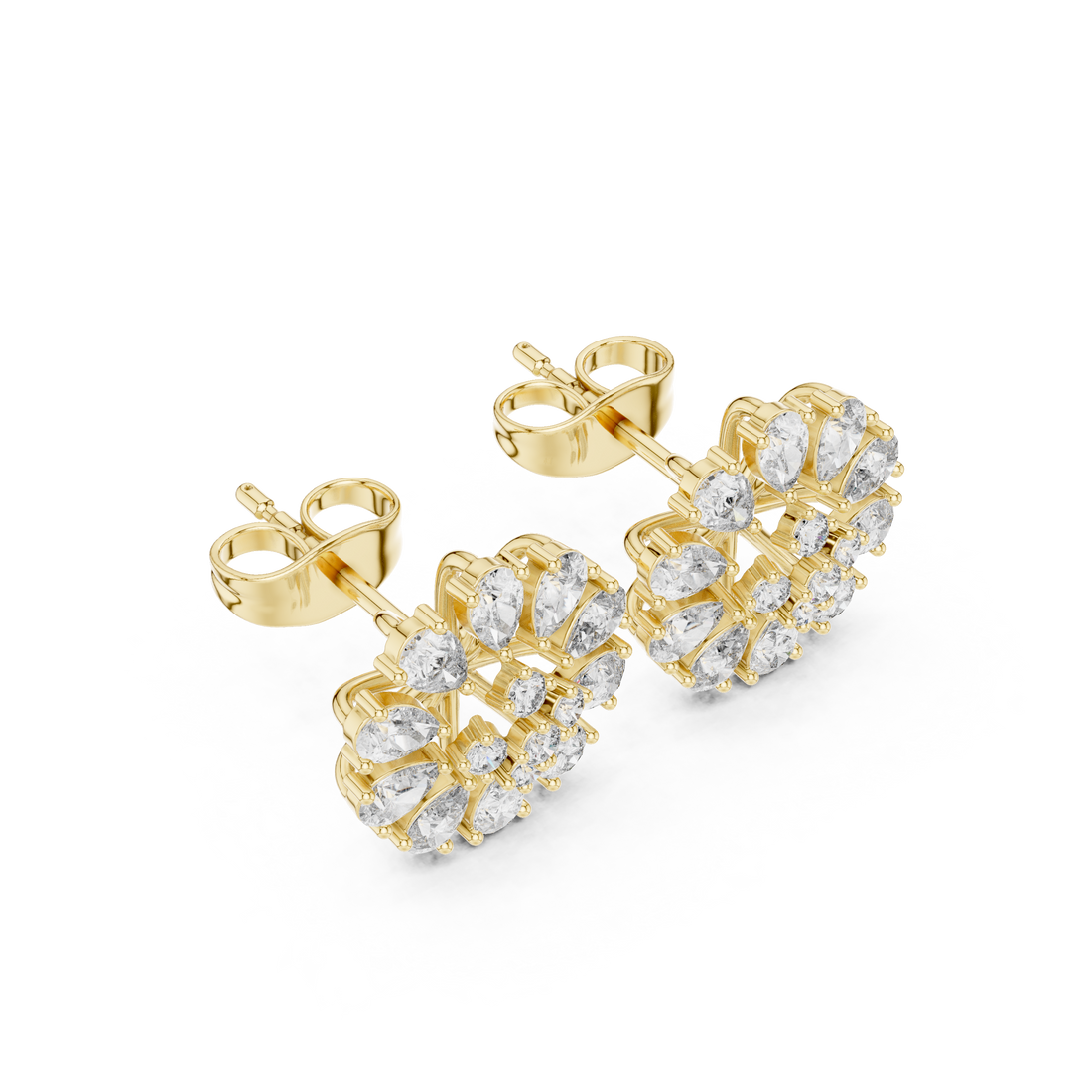 Brilliant pear and round cut diamond floral stud earrings shine detail