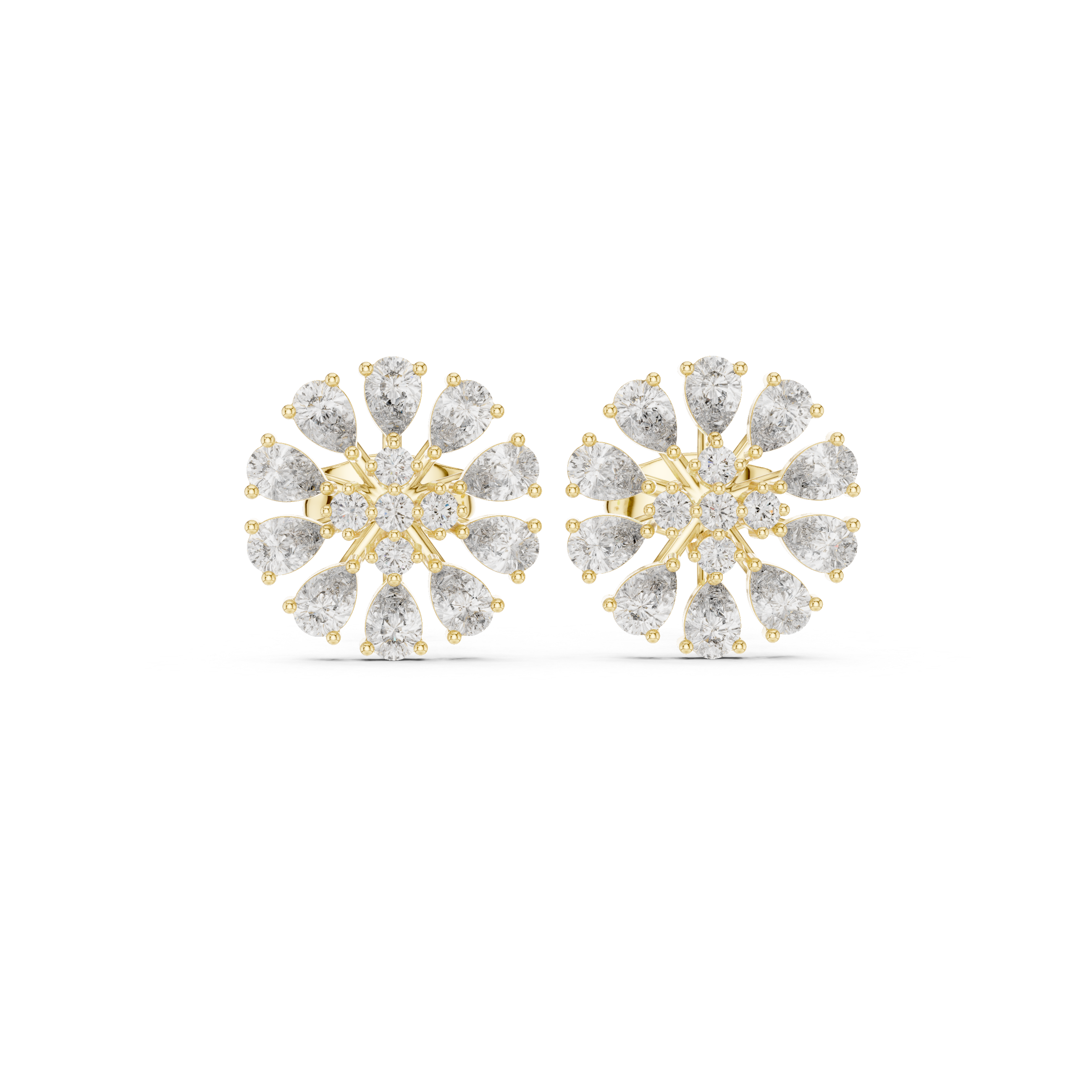 High shine pear and round cut diamond floral cluster stud earrings