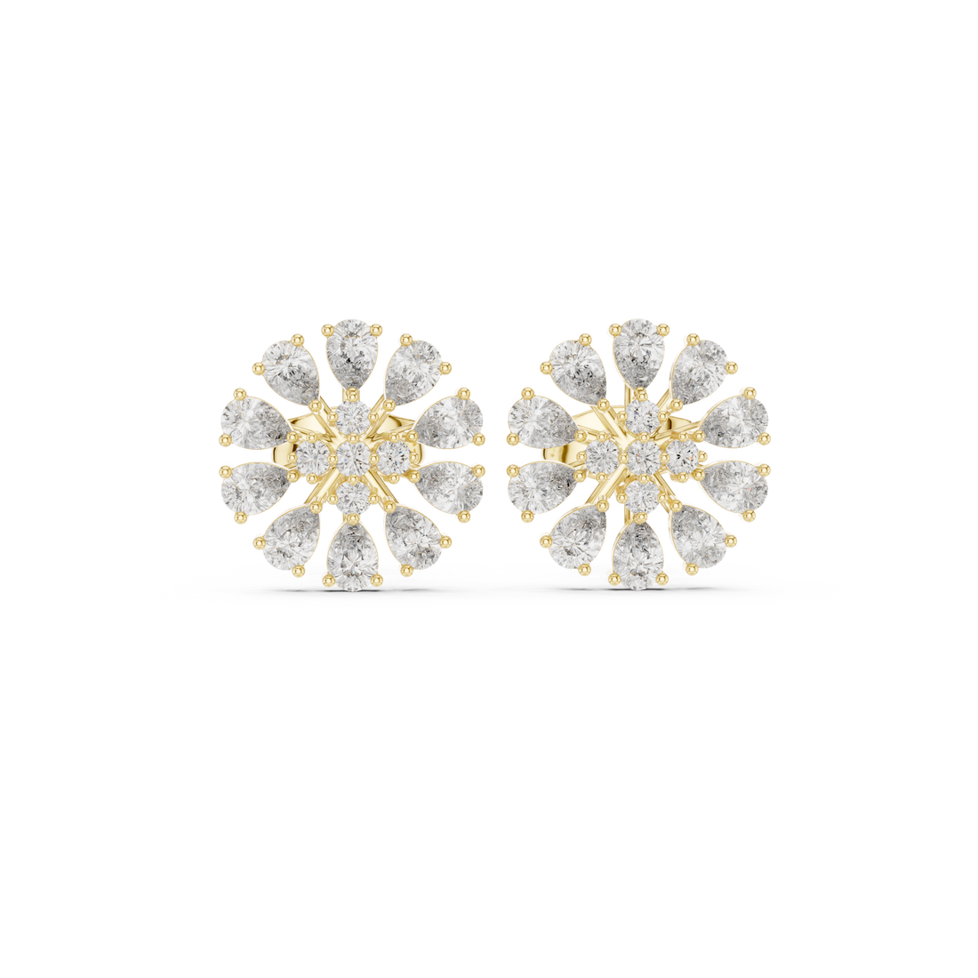 High shine pear and round cut diamond floral cluster stud earrings
