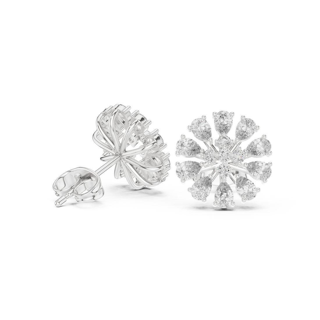 Close-up of pear and round cut diamond floral cluster stud earrings detail
