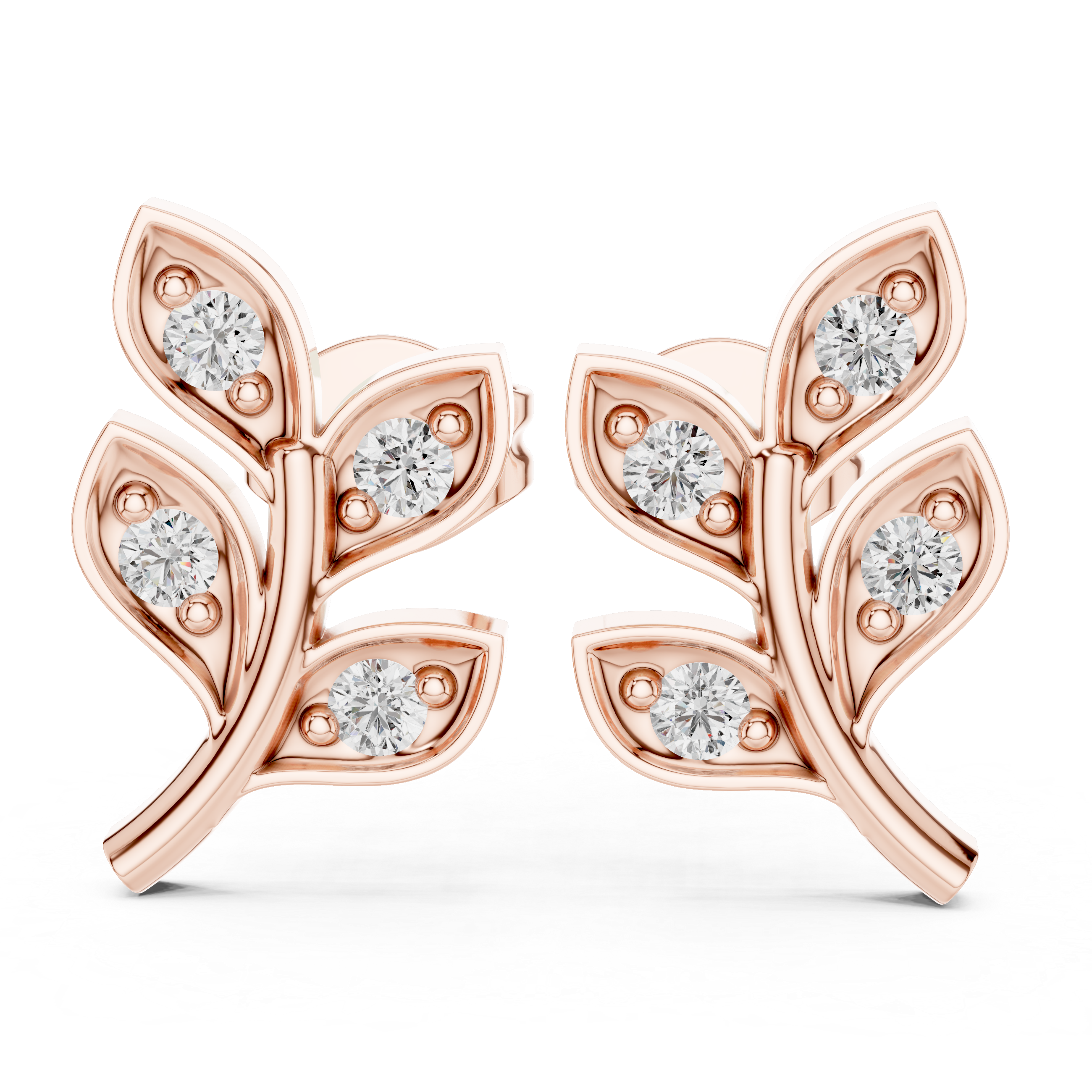 Round Brilliant Diamond Leaf Branch Stud Earrings with Nature Inspired Pavé Design