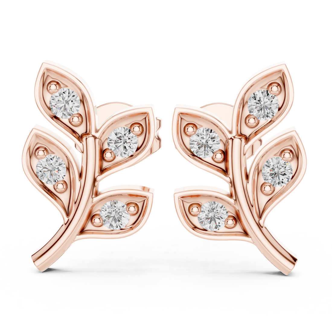 Round Brilliant Diamond Leaf Branch Stud Earrings with Nature Inspired Pavé Design