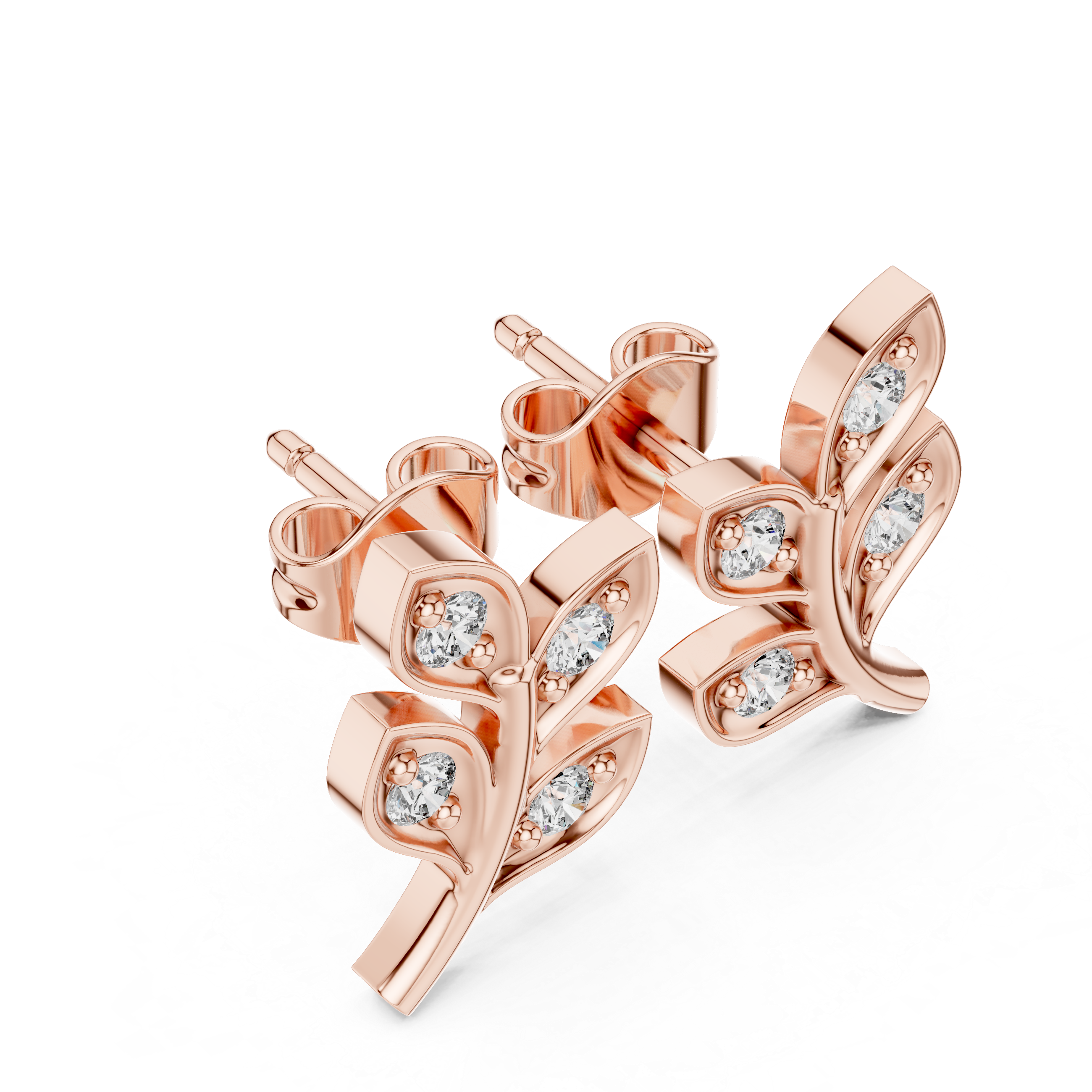 Round Brilliant Diamond Leaf Branch Stud Earrings with Nature Inspired Pavé Design