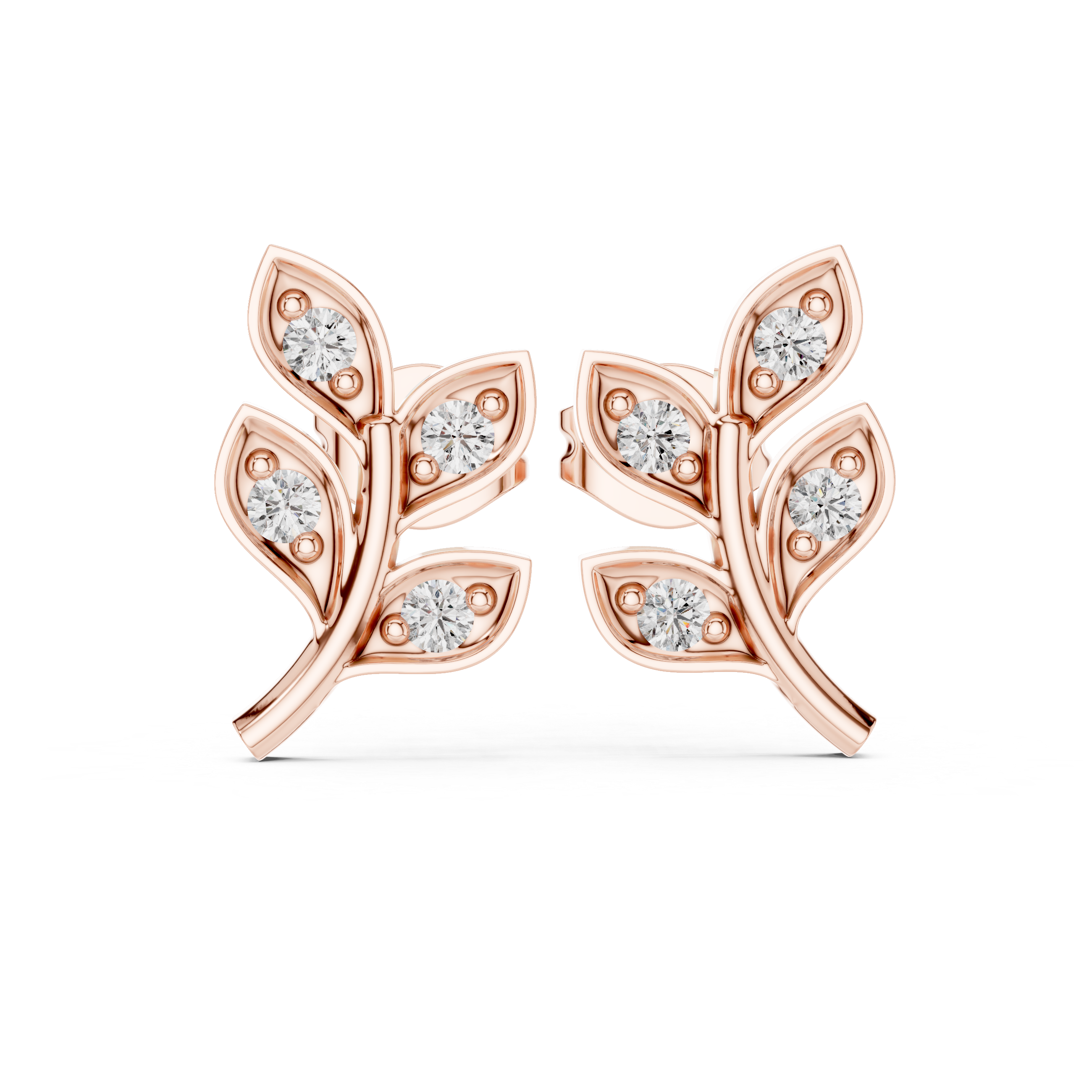 Round Brilliant Diamond Leaf Branch Stud Earrings with Nature Inspired Pavé Design